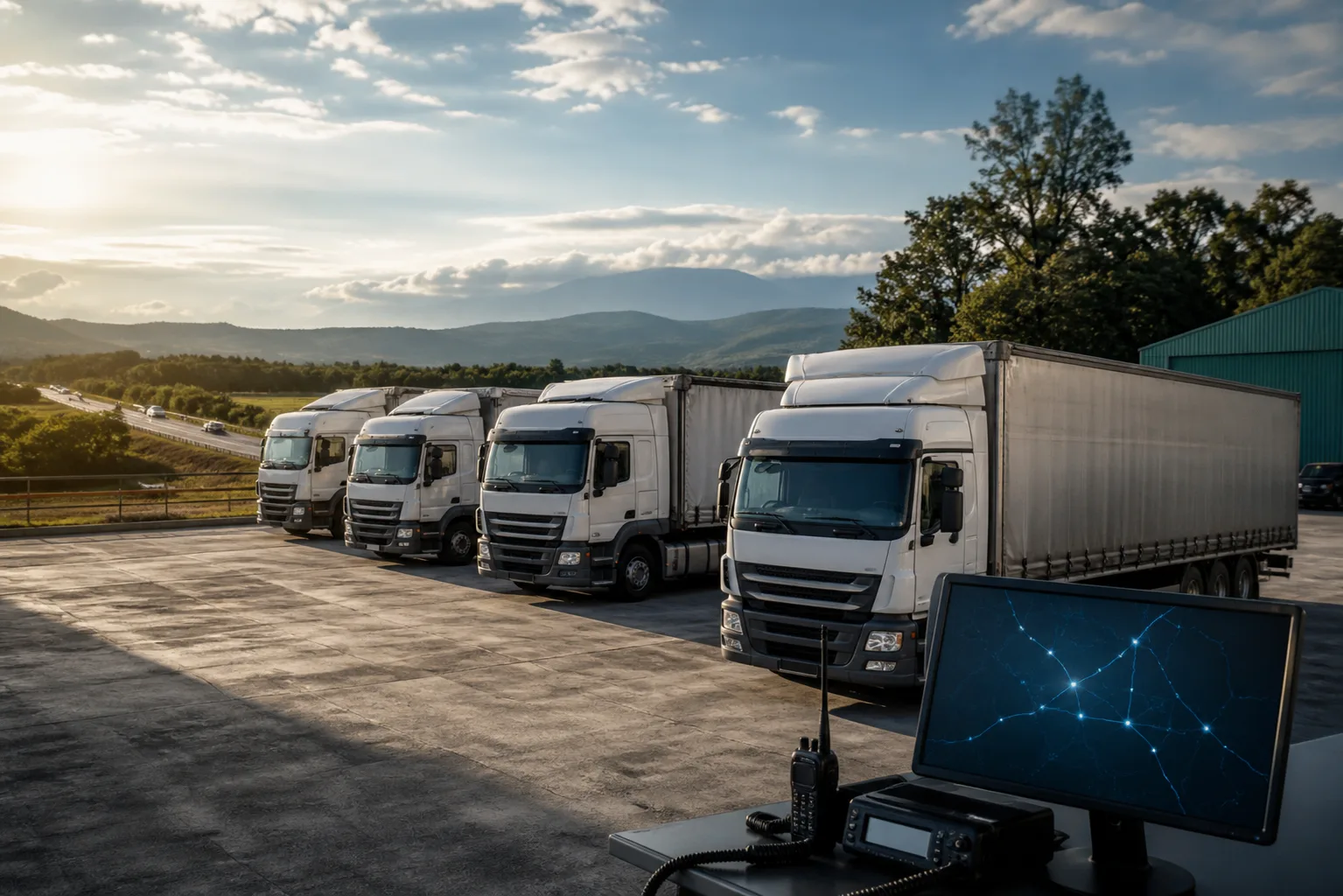 Kitela-style cargo fleet in a logistics yard with route-monitoring equipment