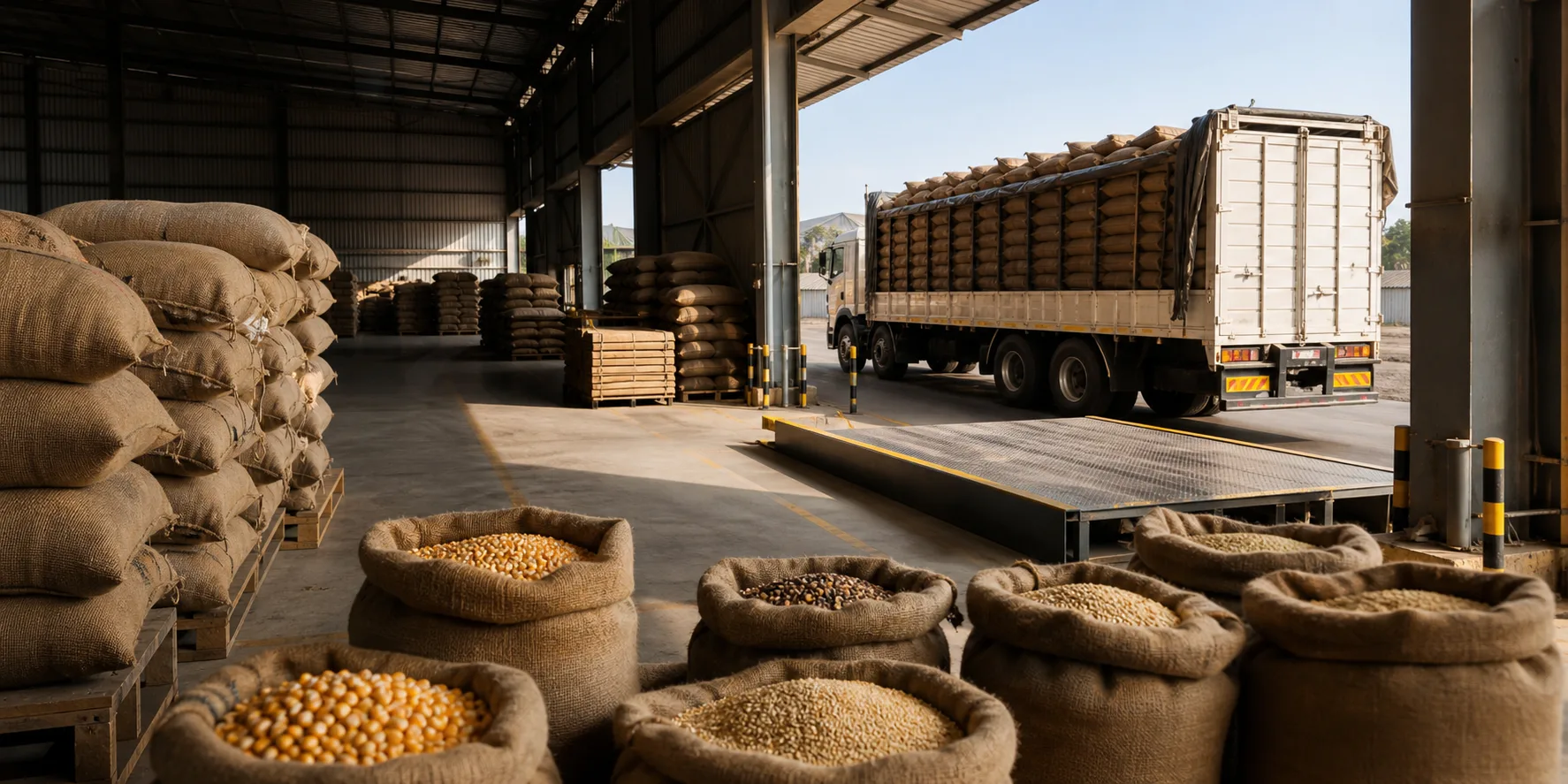 Agricultural warehouse with crop sacks, grains, a cargo truck and weighbridge